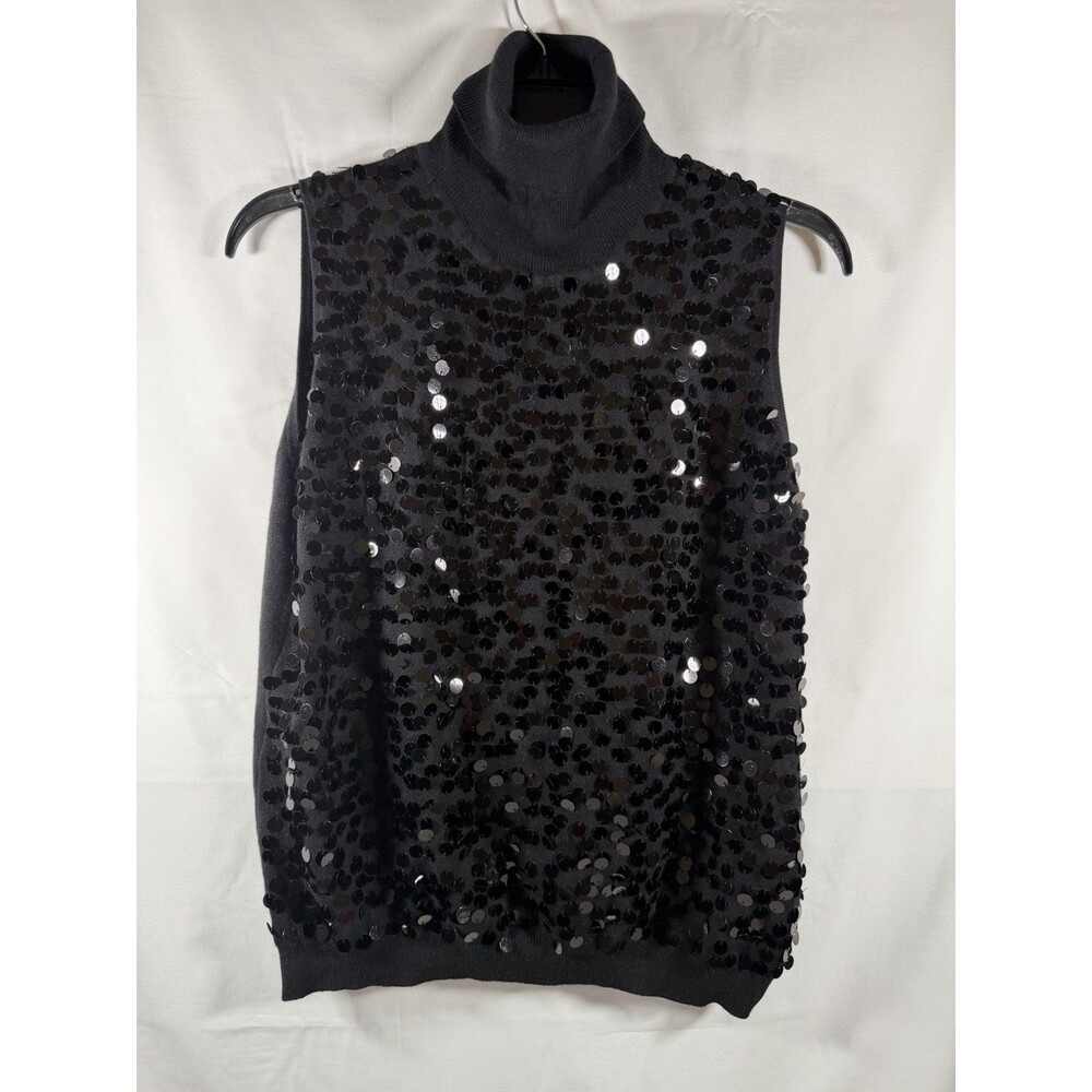 Aubergene Black Sequin Knit Sleeveless Turtleneck Tank Top L